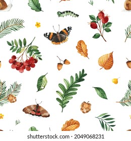 Cute Woodland collection.Watercolor seamless pattern with autumn leaves,branches,butterfly,snail,caterpillar,acorns,berries. Perfect for prints, 
wallpapers,room decor,template design,books,textile.