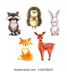 Cute Woodland Watercolor Animals Isolated On White Background, Hand Drawn Cute Illustration, Brush Painted Art, Funny Childish Sketch, For Kids Print, Card, Clothing. Children, Autumn, Winter Theme. 