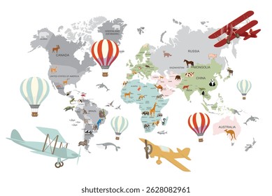 Cute World Map with Travel Elements Illustration, Whimsical Adventure Design for Kids
