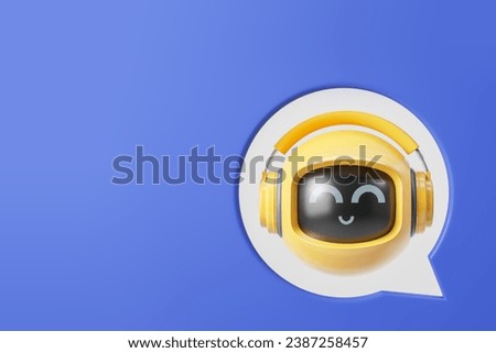 Cute yellow AI artificial intelligence robot virtual assistant inside white speech bubble over blue copy space background. Concept of machine learning and cat bot. 3d rendering
