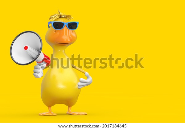 Cute\
Yellow Cartoon Duck Person Character Mascot with Red Retro\
Megaphone on a yellow background. 3d\
Rendering