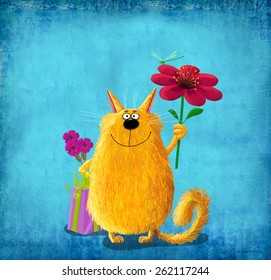 Cute yellow cat holding big pink flower and a present box with bunch of flowers  - Powered by Shutterstock