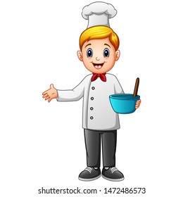 Cute Young Chef In Uniform Holding Mixing Bowl And A Whisk