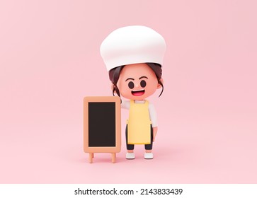 Cute Young Woman Chef In Uniform Standing With Open Or Menu Blackboard Sign Restaurant Cook Mascot On Pink Background 3d Rendering