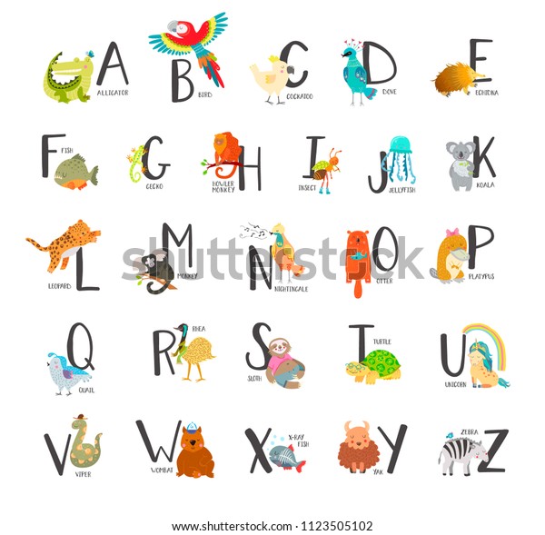 Cute Zoo Alphabet Cartoon Baby Animals Stock Illustration 1123505102 ...