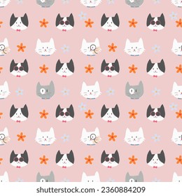 Cutest Cats Doodle Seamless Pattern in Pink