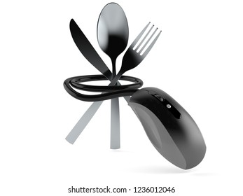 Cutlery with computer mouse isolated on white background. 3d illustration
