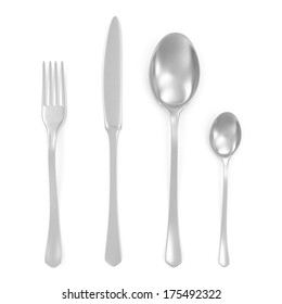 Cutlery Set With Silver Fork, Knife And Spoon Isolated On White Background