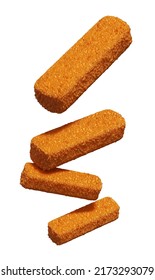 Cutlets In The Form Of Sticks. Fish Cakes Fly In The Air Isolated On A White Background. 3d Illustration