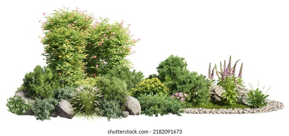 Cutout Flowerbed. Plants And Flowers Isolated On White Background. Flower Bed For Garden Design. Rock Landscaping. Photorealistic 3D Rendering For Professional Composition.