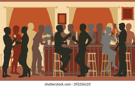 Cutout Illustration Of People Drinking In A Busy Bar In The Evening