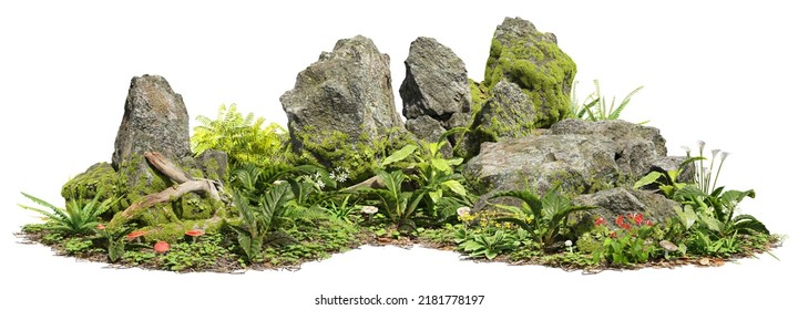 Cutout Mossy Rock Surrounded By Vegetation In The Forest.
Ancient Boulder With Moss Isolated On White Background. Photorealistic 3D Rendering For Professional Composition.