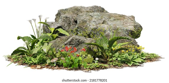 Cutout Mossy Rock Surrounded By Vegetation In The Forest.
Ancient Boulder With Moss Isolated On White Background. Photorealistic 3D Rendering For Professional Composition.