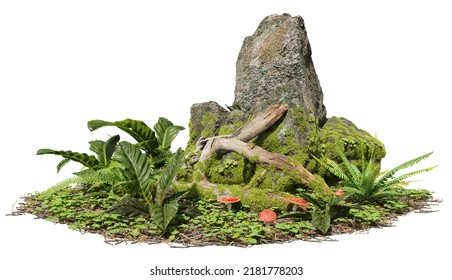 Cutout Mossy Rock Surrounded By Vegetation In The Forest.
Ancient Boulder With Moss Isolated On White Background. Photorealistic 3D Rendering For Professional Composition.