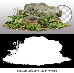 Cutout Mossy Rock Surrounded By Vegetation In The Forest. Ancient Boulder With Moss Isolated On Transparent Background Via An Alpha Channel. Mossy Tree Branch On The Ground.Photorealistic 3d Rendering