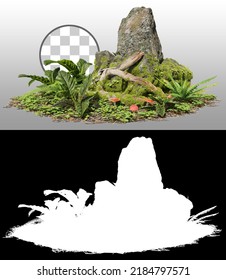 Cutout Mossy Rock Surrounded By Vegetation In The Forest. Ancient Boulder With Moss Isolated On Transparent Background Via An Alpha Channel. Mossy Tree Branch On The Ground.Photorealistic 3d Rendering