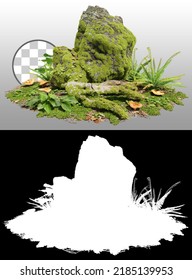 Cutout Mossy Rock Surrounded By Vegetation In The Forest. Ancient Boulder With Moss Isolated On Transparent Background Via An Alpha Channel. Mossy Tree Branch On The Ground.