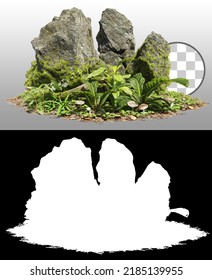 Cutout mossy rock surrounded by vegetation in the forest. Ancient boulder with moss isolated on transparent background via an alpha channel. Mossy tree branch on the ground.