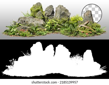 Cutout Mossy Rock Surrounded By Vegetation In The Forest. Ancient Boulder With Moss Isolated On Transparent Background Via An Alpha Channel. Mossy Tree Branch On The Ground.