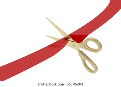 Cutting Red Ribbon With Golden Scissors, 3D Illustration