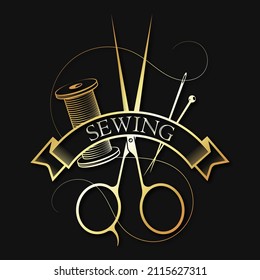 Cutting And Sewing Gold Symbol. Scissors And Spool Of Thread. Golden Needle With Thread