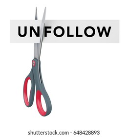 Cutting Unfollow to Follow Paper Sign with Scissors on a white background. 3d Rendering. 