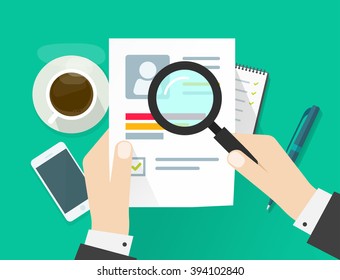 CV application paper sheet, business man hands holding resume document, concept of job interview searching, personal data skills research, training results analyze flat modern design isolated image - Powered by Shutterstock