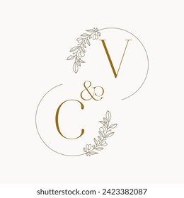 CV Logo initials wedding monogram logo design in simple brown circle leaf frame