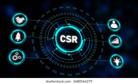 Cyan Blue Tech Circular Interface C S R Concept Graphic White Icons Dark Background Corporate Social Responsibility