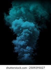 Cyan drop swirling under water. Cloud of ink in water. Royalty high-quality free stock image photo of colorful green turquoise ink isolated on black background, color explosion