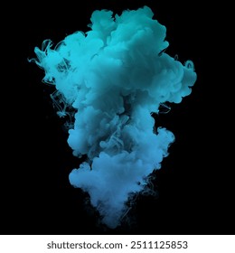 Cyan drop swirling under water. Cloud of ink in water. Royalty high-quality free stock image photo of colorful green turquoise ink isolated on black background, color explosion