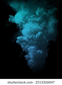 Cyan drop swirling under water. Cloud of ink in water. Royalty high-quality free stock image photo of colorful green turquoise ink isolated on black background, color explosion