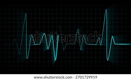 Cyan electrocardiogram waveform with light effects on a dark grid background heart rate pulse
