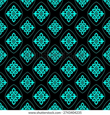 Cyan Geometric Pattern On Black Background Seamless Repetition Oriental Motifs