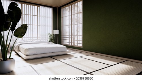 Cyan Mint Circle shelf wall design on bed room japanese deisgn with tatami mat floor. 3D rendering
