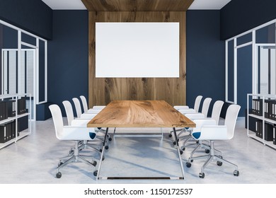 Cyan Office Conference Room Interior With A Concrete Floor, A Long Wooden Table And White Chairs. 3d Rendering Horizontal Mock Up Poster On A Wooden Wall