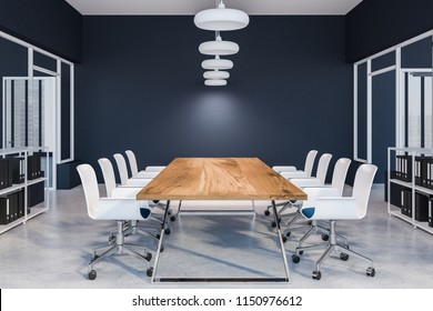 Cyan Office Conference Room Interior With A Concrete Floor, A Long Wooden Table And White Chairs. 3d Rendering Mock Up