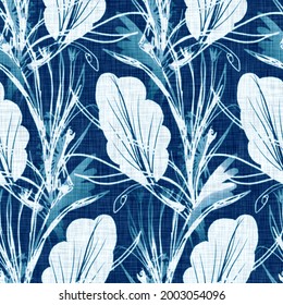 Cyanotypes blue white botanical linen texture. Faux photographic leaf sun print effect for trendy out of focus fashion swatch. Mono print foliage in 2 tone color. High resolution repeat tile. 