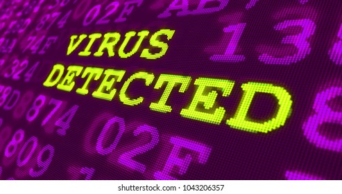 Cyber attack and computer security warnings - virus detected - green words and numbers on ultraviolet background. Data safety and digital technology in violet screen stylized graphic.