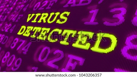 Cyber attack and computer security warnings - virus detected - green words and numbers on ultraviolet background. Data safety and digital technology in violet screen stylized graphic.