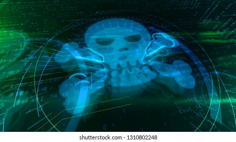 Cyber attack concept with skull and bones sign. Abstract 3D illustration of danger in cyberspace and digital crime.