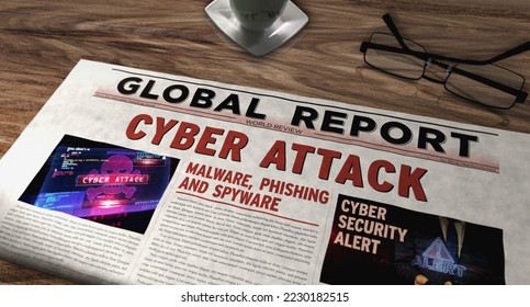 Cyber attack and digital security daily newspaper on table. Headlines news abstract concept 3d illustration.