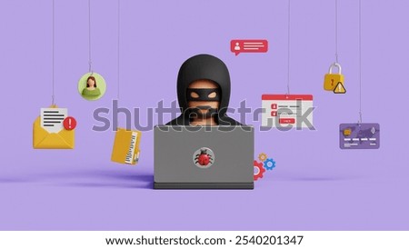 Cyber attack, internet phishing and hacking concept. Login spoofing cybersecurity, stealing personal information and system hacking. 3D hacker stealing personal information using laptop