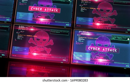 Cyber attack red alert with skull symbol on computer screen with glitch effect. Hacking, breach security system, cybercrime, piracy, digital safety and identity theft concept 3d illustration.