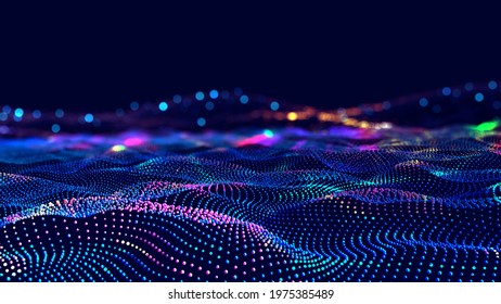 Cyber big data flow. Blockchain data fields. Network line connect stream. Concept of AI technology, digital communication, science research, 3D illustration music waves