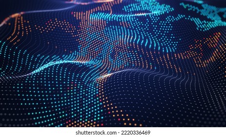 Cyber big data flow. Blockchain data fields. Concept of AI technology, Motion of digital data flow. Connecting dots and lines. Transfer and storage of data sets. 3d rendering