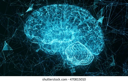 Cyber brain. Artificial intelligence. Triangulation the technology of the brain. Render illustration of the human brain.