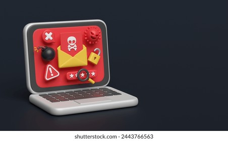Cyber criminal Hacker attack stealing phishing personal user data notification security warning alert detected sign caution error attention exclamation mark virus malware scam anonymous. 3d rendering.