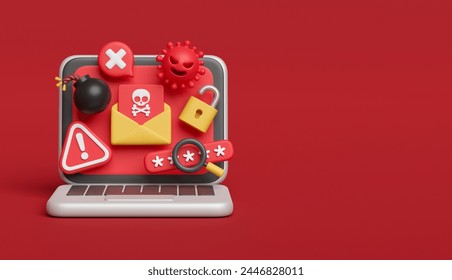 Cyber criminal Hacker attack stealing phishing personal user data notification security warning alert detected sign caution error attention exclamation mark virus malware scam anonymous. 3d rendering.
