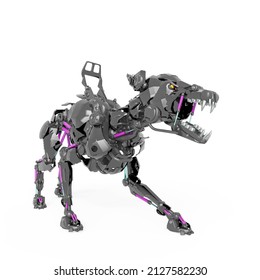 Cyber Dog Is In Defend Pose In White Background With Side View, 3d Illustration